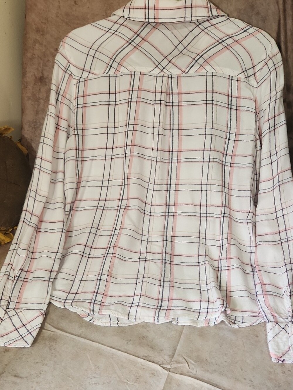 White House Black Market White Plaid Button-Down Shirt with Pink & Black Lines - Picture 3 of 7